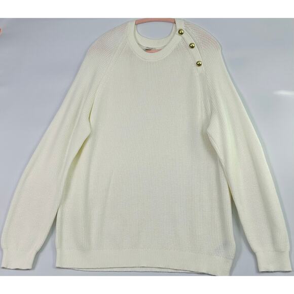 J.Crew Ivory Cotton Knit Gold Button Shoulder Crew Neck Sweater Women’s Size 2X - Picture 4 of 11